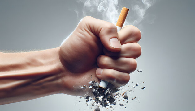 Close up hand crushing cigarette with flying ash symbolizing quitting smoking addiction and breaking harmful habit World No Tobacco Day powerful concept