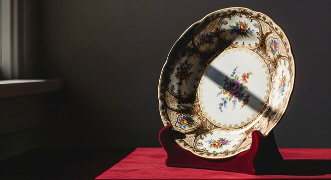 Antique porcelain dish with floral pattern and faded gold trim on a red velvet stand, illuminated by soft window light