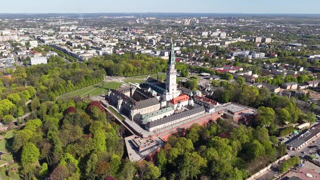 Aerial cityscape of Czestochowa and Jasna Gora Monastery, Poland