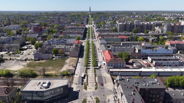 Drone shot of Avenue of the Blessed Virgin Mary (Aleja NMP), Czestochowa, Poland
