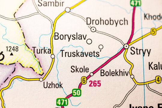 Detailed printed road map featuring Boryslav Truskavets Stryy and Skole Ukraine.
