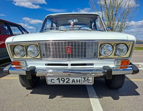 VORONEZH, Russia - April 25, 2026.Classic Soviet car VAZ Zhiguli in front view showcasing design elements and vintage features in bright daylight