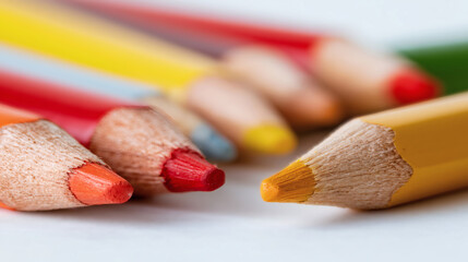 Obraz premium Macro photography showing sharpened colored pencils resting over white surface. Bright colorful drawing tools creating diagonal composition. Creative educational background providing empty space