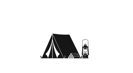 Minimalist black and white camping tent and lantern illustration. © Basma_Isyraq