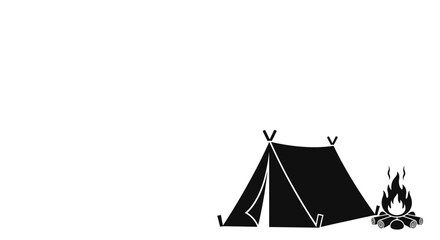 Minimalist black icon of a camping tent and a campfire isolated on white background. © Basma_Isyraq