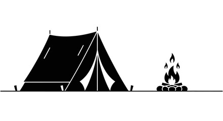 Minimalist black and white camping tent with a campfire icon. © Basma_Isyraq
