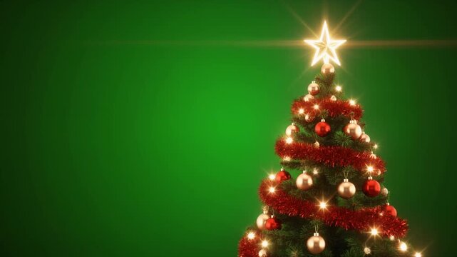 "Festive Christmas tree adorned with glowing star, red garlands, ornaments, lights on green background."