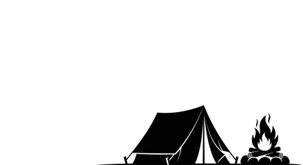 Minimalist black silhouette illustration of a camping tent and a burning campfire. © Basma_Isyraq