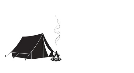 Minimalist black silhouette of a camping tent and a smoking campfire on a white background. © Basma_Isyraq
