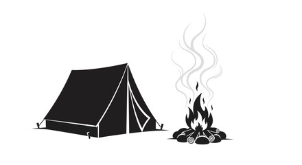Minimalist black and white vector illustration of a tent and campfire. © Basma_Isyraq