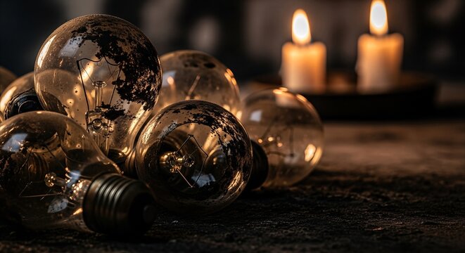 Dusty, burnt-out incandescent light bulbs in moody candlelight, representing neglect, waste, and obsolescence with copy space