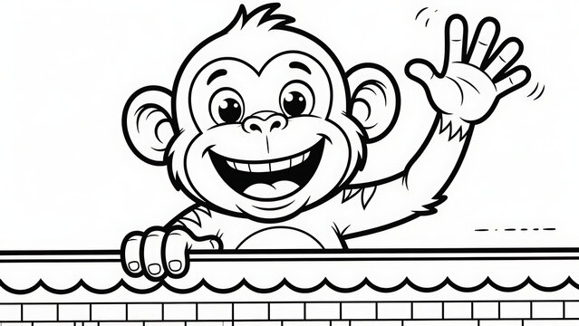 Coloring book page for children featuring happy cartoon monkey waving hand behind brick wall.
