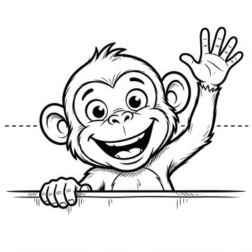 Little monkey peeking over edge and waving cheerful greeting for kids coloring page design.