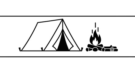 Black and white camping tent and campfire icon. © Basma_Isyraq