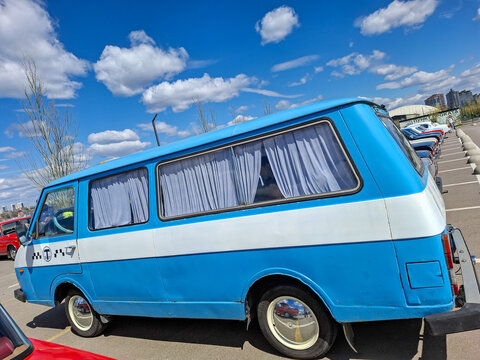 VORONEZH, Russia - April 25, 2026.Classic RAF Latvija vintage minibus on display at retro car show in open space under blue sky