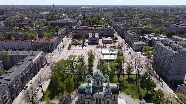 Aerial view of Bieganski Square landmark, Czestochowa, Poland