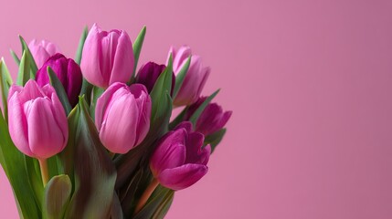 Obraz premium Fresh Pink Tulips in Bloom Against Soft Pink Background