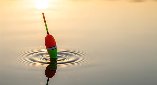 Fishing float creates ripples on calm water during golden hour sunset, reflecting warm light and offering copy space