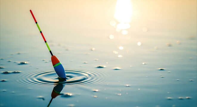 Fishing float bobbing on calm water during golden hour sunset, creating soft ripples and warm reflections.