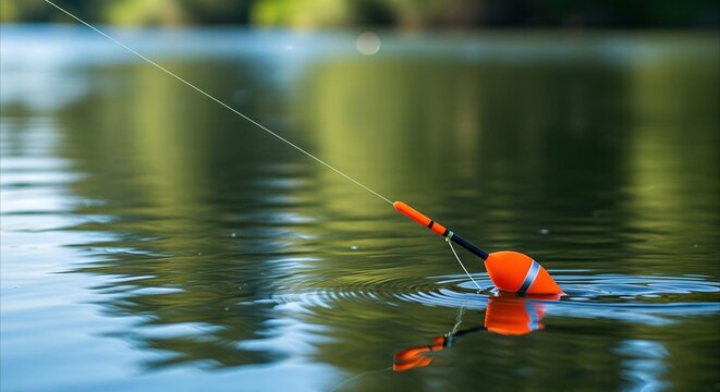 Orange fishing float drifts on calm water, reflecting sunlight and trees, gentle current pulls line, ample copy space