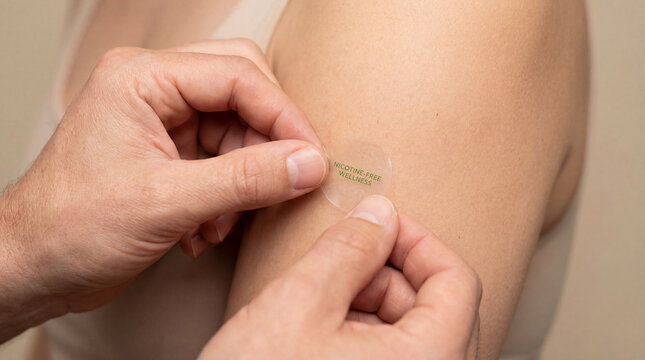 Hands apply transparent wellness patch to upper arm showing discreet self care product daily habit body care routine modern personal health support non invasive solution lifestyle innovation