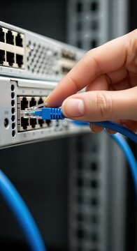 Hand connecting a blue Ethernet cable to a network switch port in a server room, signifying connectivity and technology