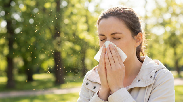 Woman sneezing outdoors during heavy pollen season seasonal allergy symptoms spring respiratory irritation plus airborne allergen exposure healthcare concept plus outdoor health concern