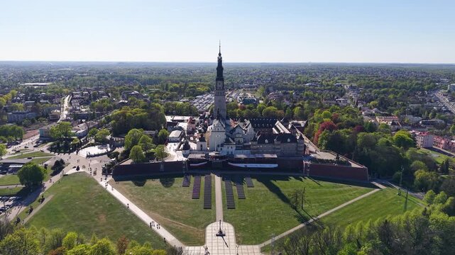 Aerial footage of Jasna Gora Monastery complex, Czestochowa, Poland