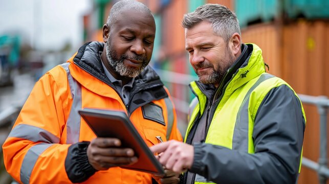 Customs officer and logistics planner reviewing container yard operations on digital tablet