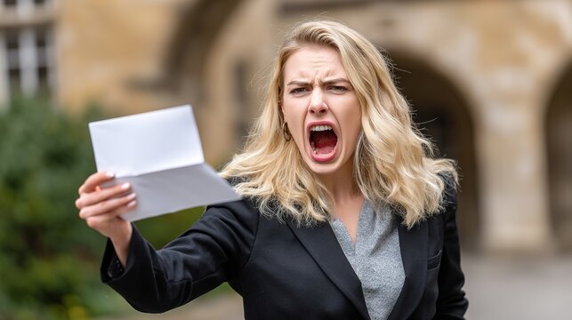 Angry Businesswoman Yelling at Envelope in Outdoor Setting