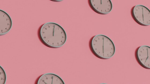 Beautiful trendy clock pattern animation on pastel pink background. Seamless loop animation for creative projects, branding, social media visuals. Stylish series content. Ultra HD 3840x2160