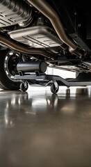 Fototapeta premium Automotive mechanic's creeper positioned under a vehicle on a clean workshop floor, detailed view of car parts and wheels.