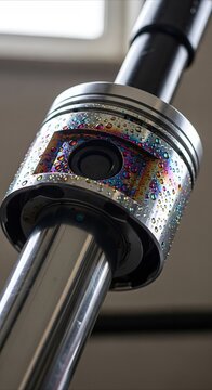 Close-up of a wet hydraulic piston with rainbow oil droplets, showing industrial precision and mechanical detail