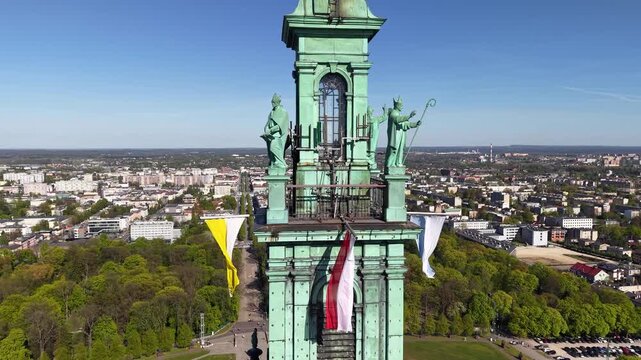 Drone shot of Jasna Gora Monastery tower, Czestochowa, Poland