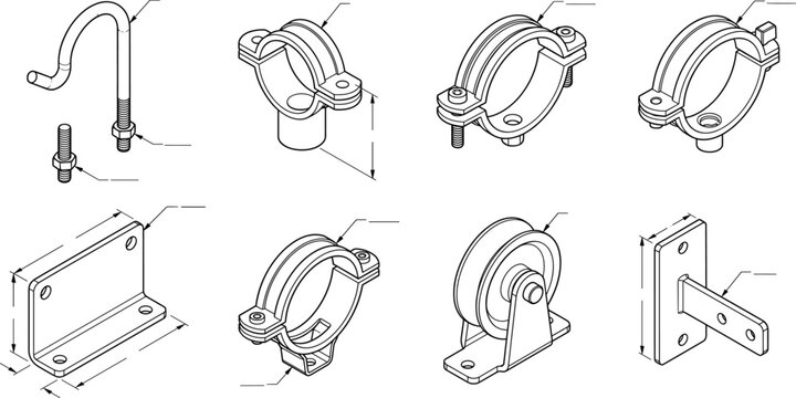 Pipe Clamp and Mounting Bracket Icon Set with U Bolt Support Holder Industrial Fixing Hardware Technical Drawing Collection