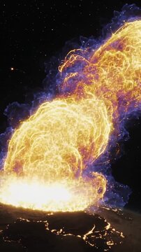 Vertical video: Flashing plasma column venting energy and rising from rocky crust, showing core