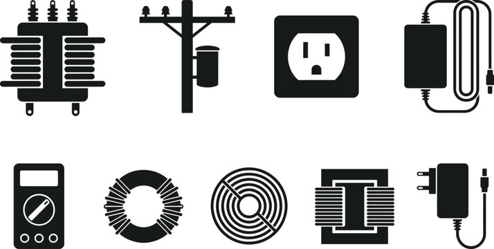 Electrical Power and Transformer Icon Set with Socket Adapter Coil Meter Distribution Pole and Energy Equipment Symbols Collection