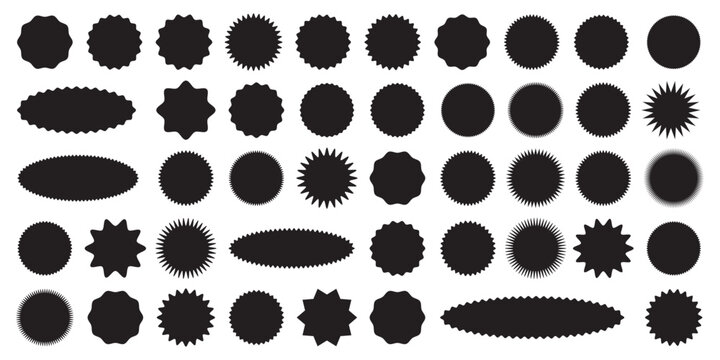 Set of  black starburst, sunburst badges, Sale sticker, price tag, starburst icon set , Circle sticker set. Wavy edge promo red badges. Star burst shape tags for price. Red sale tag