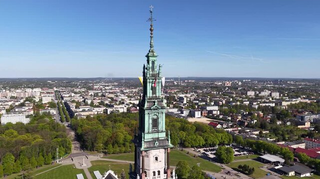 Drone view of Jasna Gora Monastery tower, Czestochowa, Poland