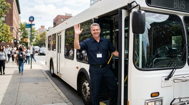 Bus driver smiling and waving from door of city bus on street  