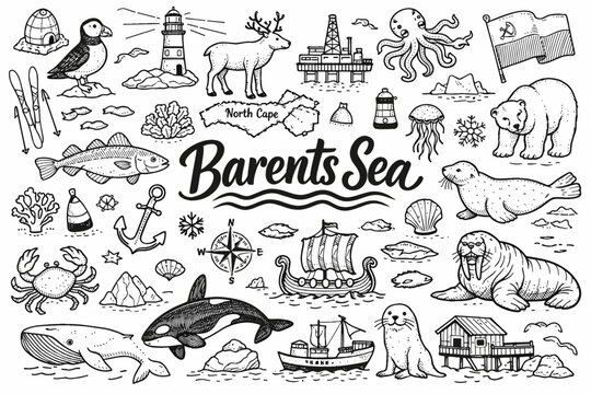 Barents Sea wildlife and landmarks collection in a doodle art style