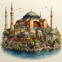 Obraz premium Watercolor Illustration of a Historic Mosque by the Water