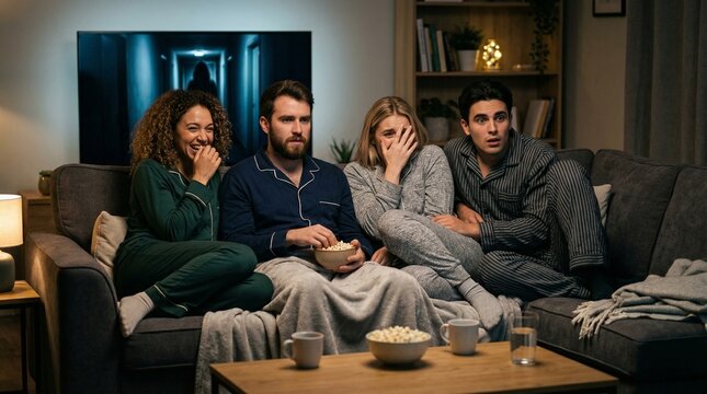 Four friends watching horror movie together on cozy sofa  