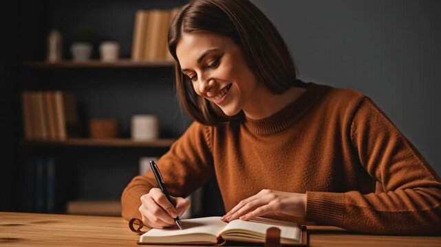 A woman sits at a desk writing in a book with a pen in her hand.