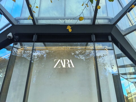 Modern glass facade of the Zara fashion store at One New Change in the City of London