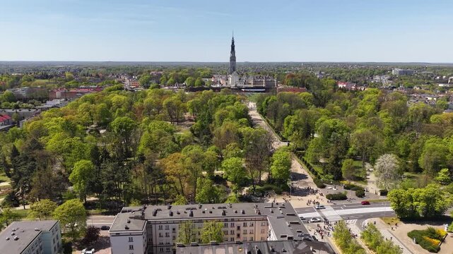 Drone shot of Podjasnogorska parks near Jasna Gora complex, Czestochowa, Poland