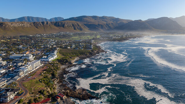 Hermanus, South Africa - January 19, 2026: Hermanus town center captured from above on a sunny summer day, coastal urban scenery with holiday atmosphere and bright natural light.