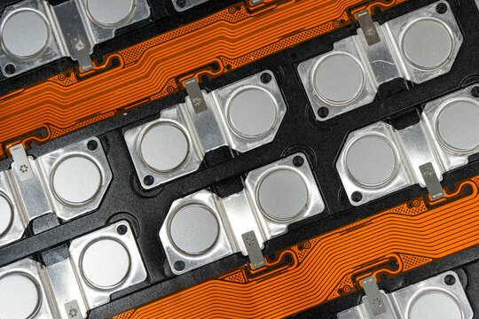 EV battery pack modules with CCS busbar system for parallel lithium cells close-up technology detail