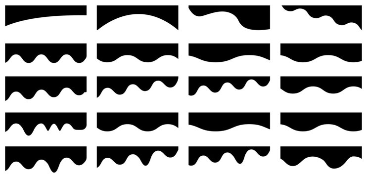 Collection of abstract liquid wave and drip shapes with smooth flowing curves. Minimal black vector banners ideal for headers, backgrounds, overlays, and modern graphic design. Vector illustration.