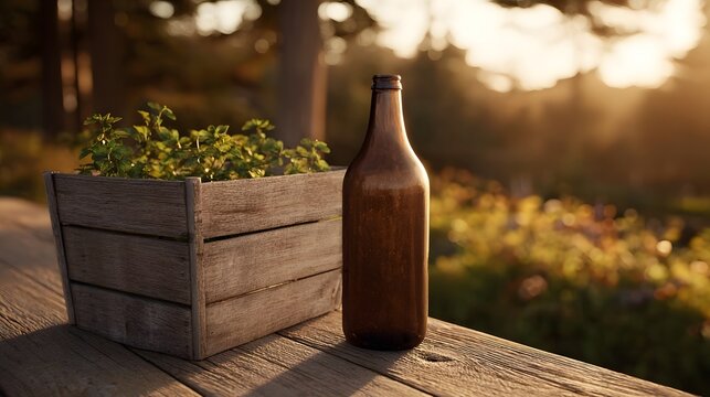 Rustic arrangement of fresh green herbs and an antique glass bottle displayed on wood during golden hour sunlight